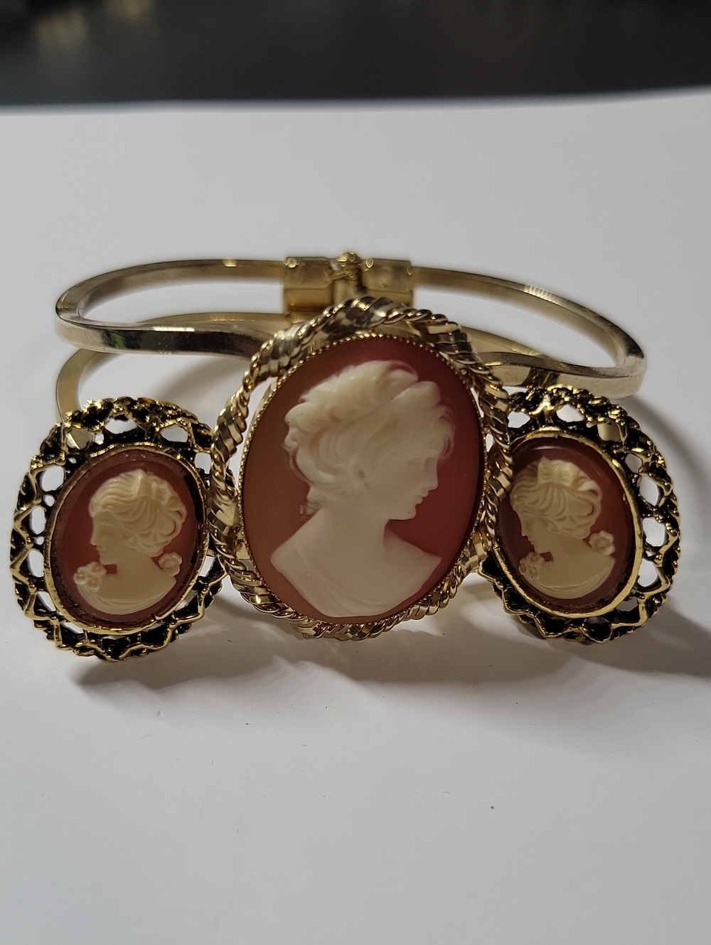 Gold-Tone Cameo Triple Portrait Bracelet And Clip On Earrings